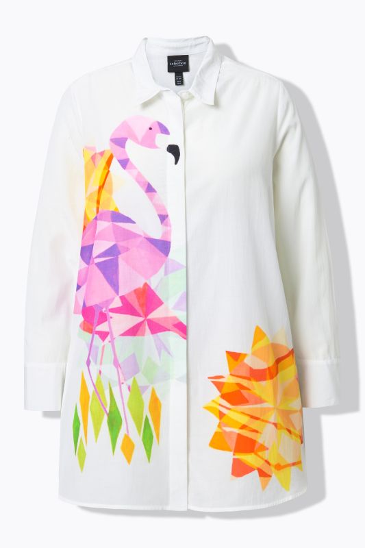 Chemisier long, coupe évasée. Col chemise et manches longues
