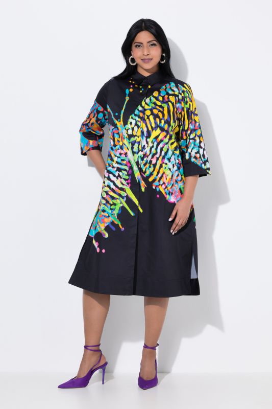 Robe midi motif papillon, manches 3/4 et col chemise
