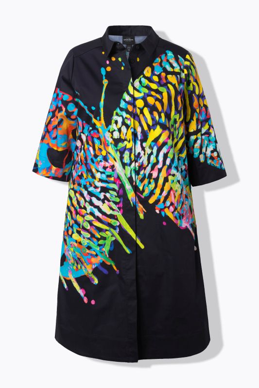 Robe midi motif papillon, manches 3/4 et col chemise