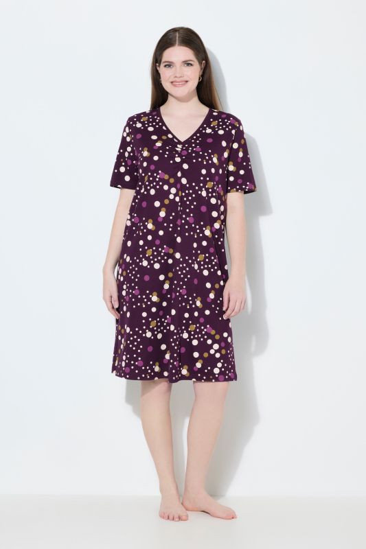 Lot de 2 chemises de nuit, décolleté rond/en V et manches courtes, motif à pois