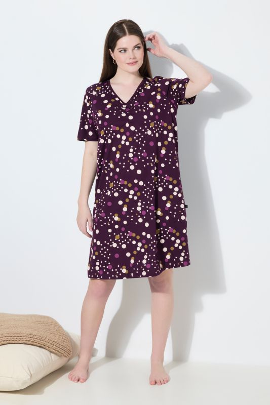 Lot de 2 chemises de nuit, décolleté rond/en V et manches courtes, motif à pois