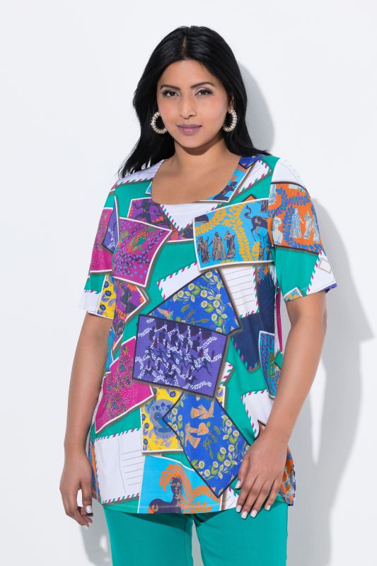 T-shirt au tombé fluide, imprimé cartes postales, décolleté carré et manches courtes