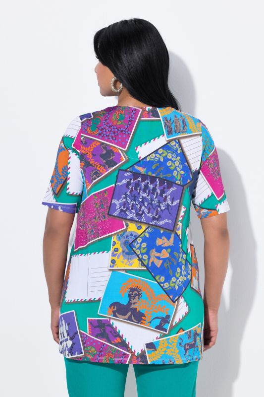 T-shirt au tombé fluide, imprimé cartes postales, décolleté carré et manches courtes