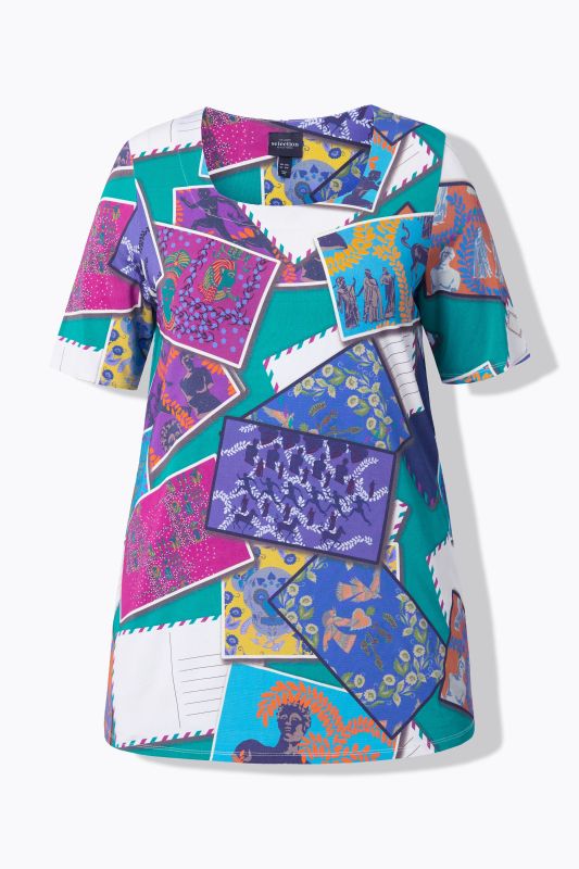 T-shirt au tombé fluide, imprimé cartes postales, décolleté carré et manches courtes