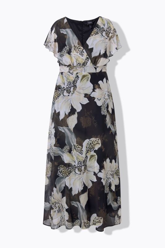 Robe maxi à ceinture. Décolleté V, manches papillon courtes