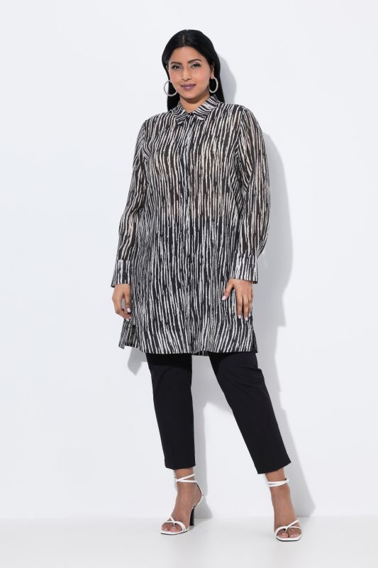 Chemisier long, tissu texturé, manches longues et col chemise
