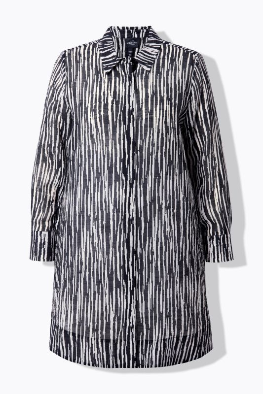 Chemisier long, tissu texturé, manches longues et col chemise