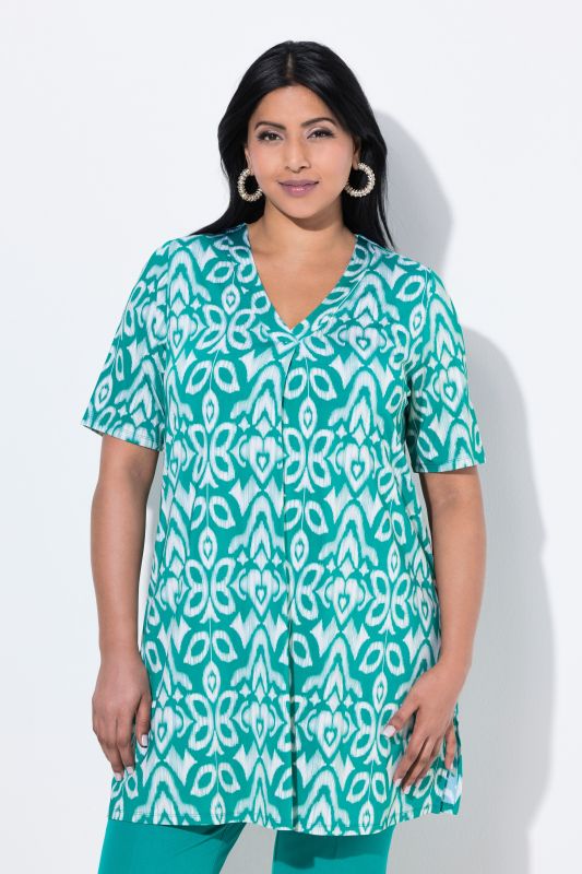 T-shirt long au tombé fluide, imprimé floral, décolleté en V et manches 3/4