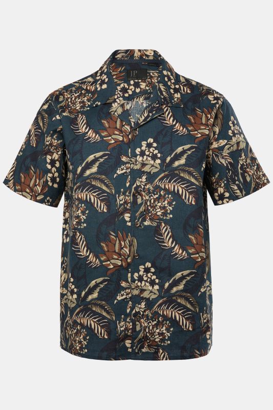 Chemise JP 1880 en lin mélangé, imprimé all-over, manches courtes et col cubain - jusqu'au 8 XL