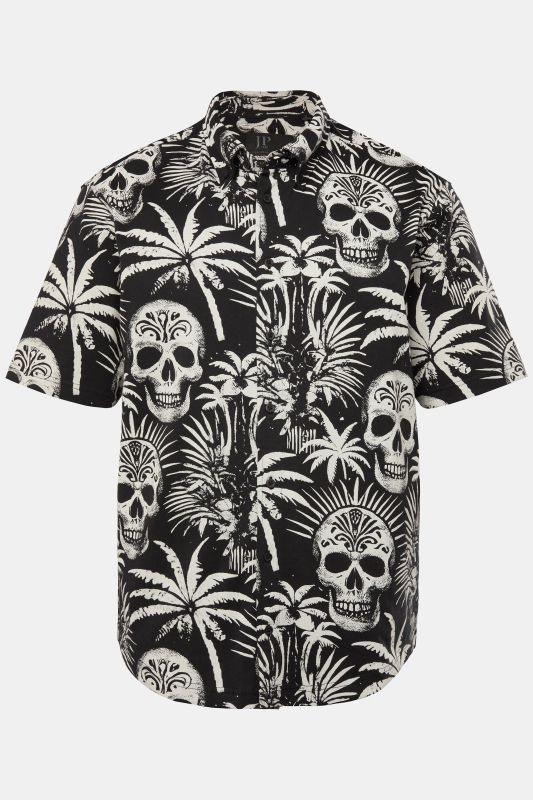 Chemise en jersey JP 1880, manches courtes et col à pointes boutonnées, motif tête de mort, coupe Modern Fit - jusqu'au 8 XL