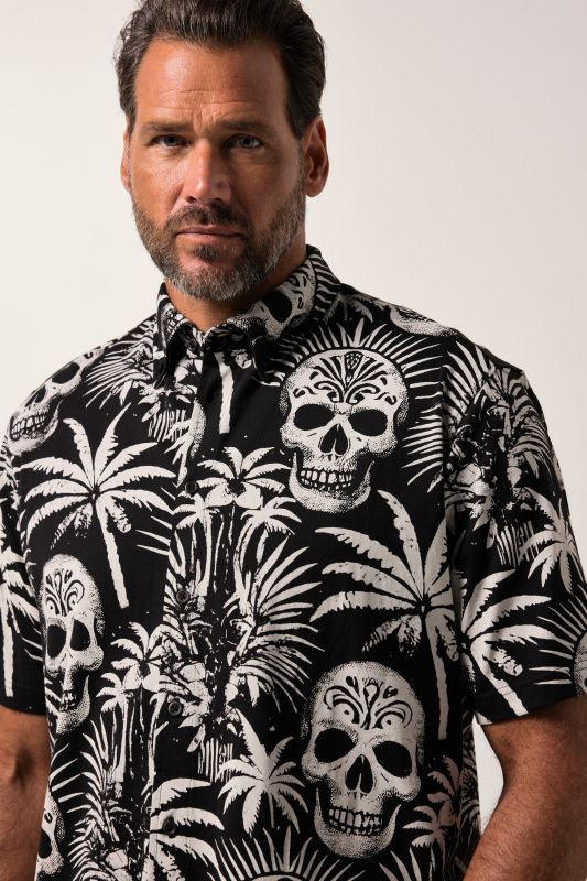 Chemise en jersey JP 1880, manches courtes et col à pointes boutonnées, motif tête de mort, coupe Modern Fit - jusqu'au 8 XL