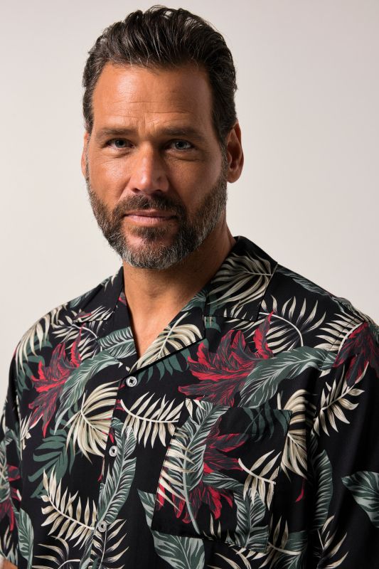 Chemise JP 1880 en viscose imprimé all-over. Manches courtes, col cubain et coupe Cuba Fit - jusqu'au 8 XL