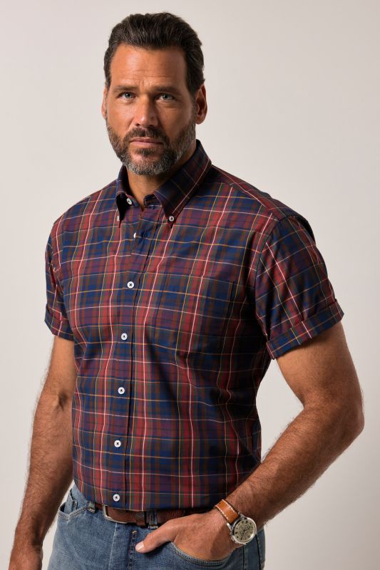 Chemise à carreaux JP 1880. Manches courtes et col à pointes boutonnées. Coupe Modern Fit - jusqu'au 8 XL