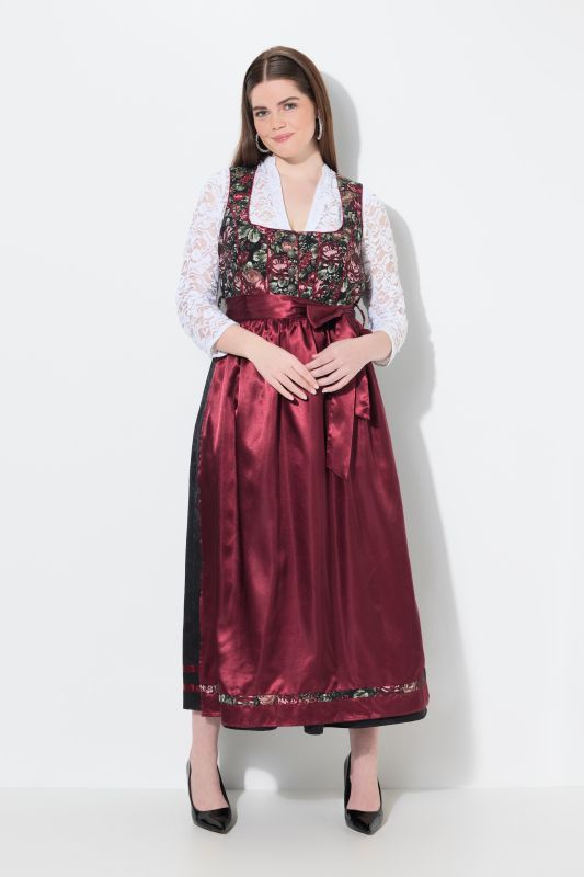Dirndl sans manches, costume traditionnel bavarois. Décolleté carré et tablier en satin. Motif floral