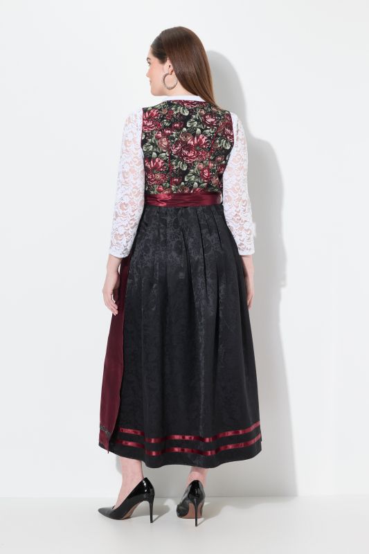 Dirndl sans manches, costume traditionnel bavarois. Décolleté carré et tablier en satin. Motif floral