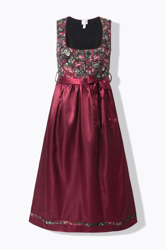 Dirndl sans manches, costume traditionnel bavarois. Décolleté carré et tablier en satin. Motif floral