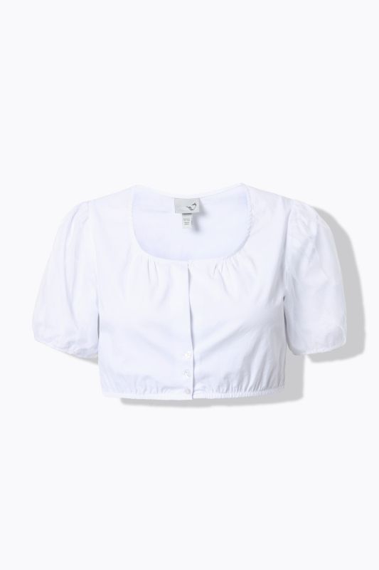 Chemisier traditionnel Dirndl. Manches courtes et amples en tulle. Décolleté rond et taille élastique