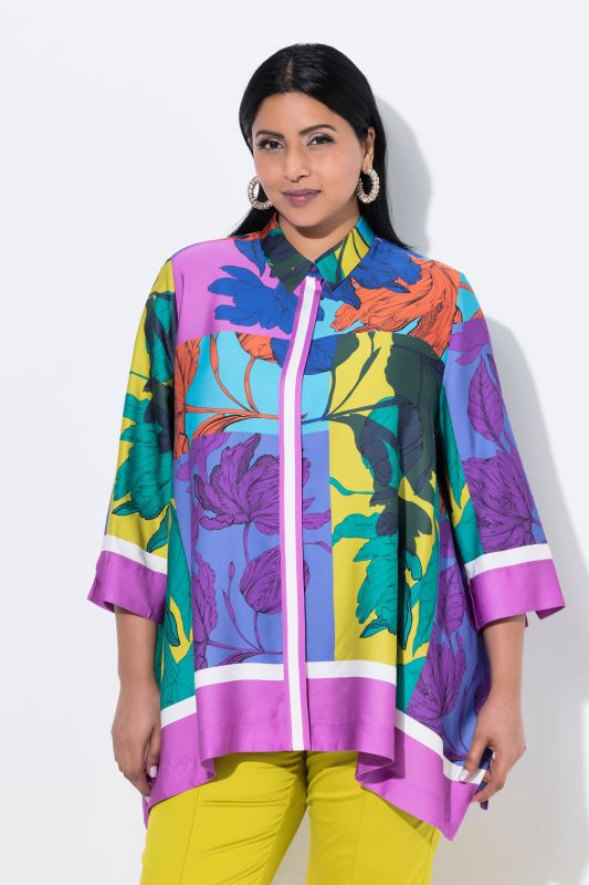 Chemisier oversize, manches 3/4 et col chemise, finition en pointes