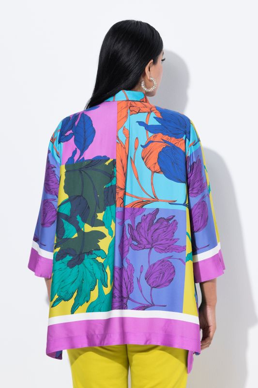 Chemisier oversize, manches 3/4 et col chemise, finition en pointes