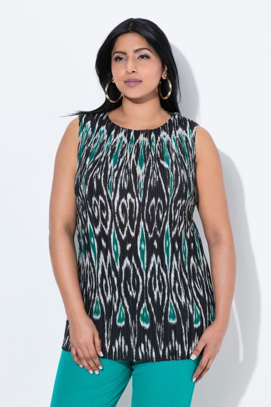 Blouse plissée sans manches, décolleté rond, imprimé graphique