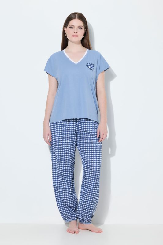 Pyjama à carreaux, T-shirt décolleté en V et manches courtes