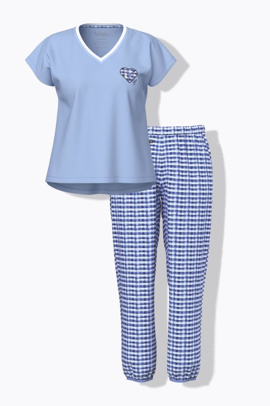 Pyjama à carreaux, T-shirt décolleté en V et manches courtes