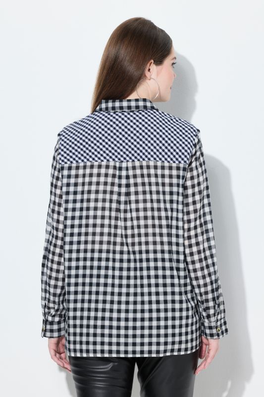Chemisier à carreaux s'inspirant des tenues traditionnelles bavaroises, col chemise et manche longue, pattes de retroussage
