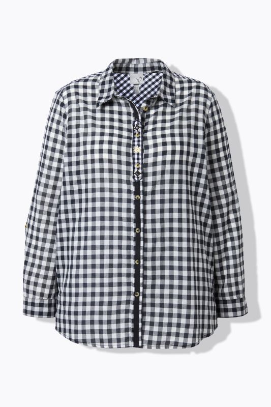Chemisier à carreaux s'inspirant des tenues traditionnelles bavaroises, col chemise et manche longue, pattes de retroussage