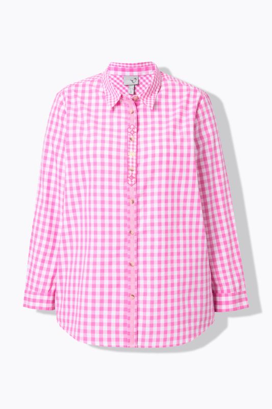 Chemisier à carreaux s'inspirant des tenues traditionnelles bavaroises, col chemise et manche longue, pattes de retroussage