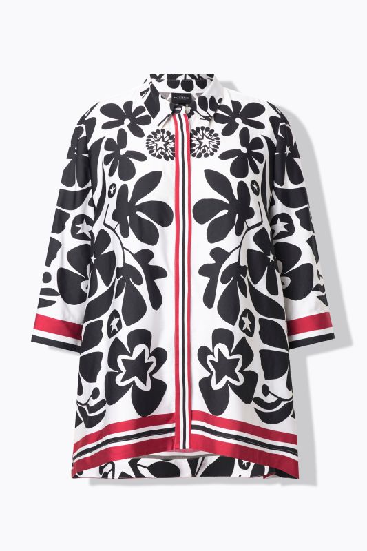Chemisier en satin. Manches 3/4 et finition en pointe. Motif floral