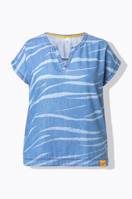 Blouse en jean. Encolure V et imprimé laser