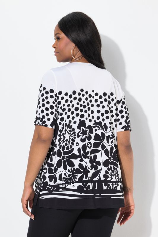 T-shirt en tissu fluide, motif à fleurs, col en V, joli pli creux, manches courtes