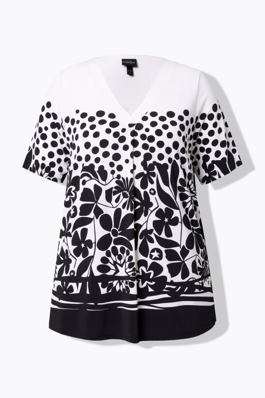 T-shirt en tissu fluide, motif à fleurs, col en V, joli pli creux, manches courtes
