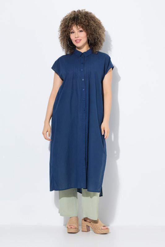 Chemisier long à manches courtes, col chemise et plis fantaisie, coupe évasée