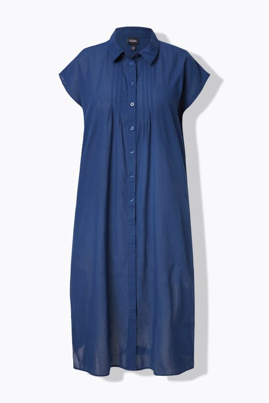 Chemisier long à manches courtes, col chemise et plis fantaisie, coupe évasée