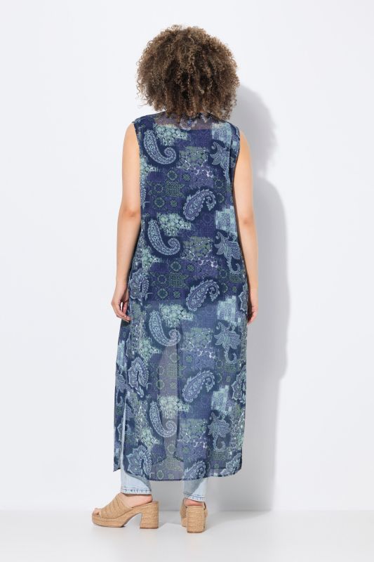 Blouse longue sans manches, jeu d'imprimés et coupe évasée