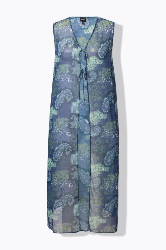 Blouse longue sans manches, jeu d'imprimés et coupe évasée