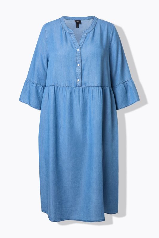 Robe en jean, col tunisien et manches 3/4 à volant, coupe évasée
