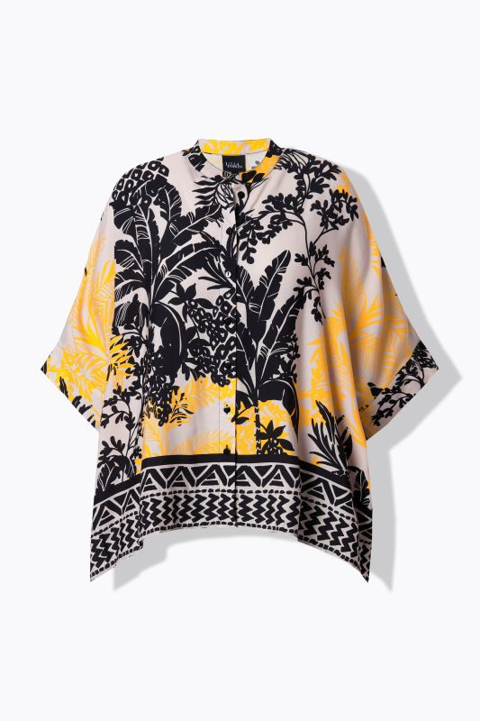 Blouse oversize, imprimé palmiers. Col ras du cou et manches courtes