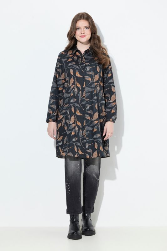Chemisier long motif à feuilles, col de chemise et manches longues, coupe évasée