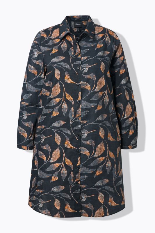 Chemisier long motif à feuilles, col de chemise et manches longues, coupe évasée