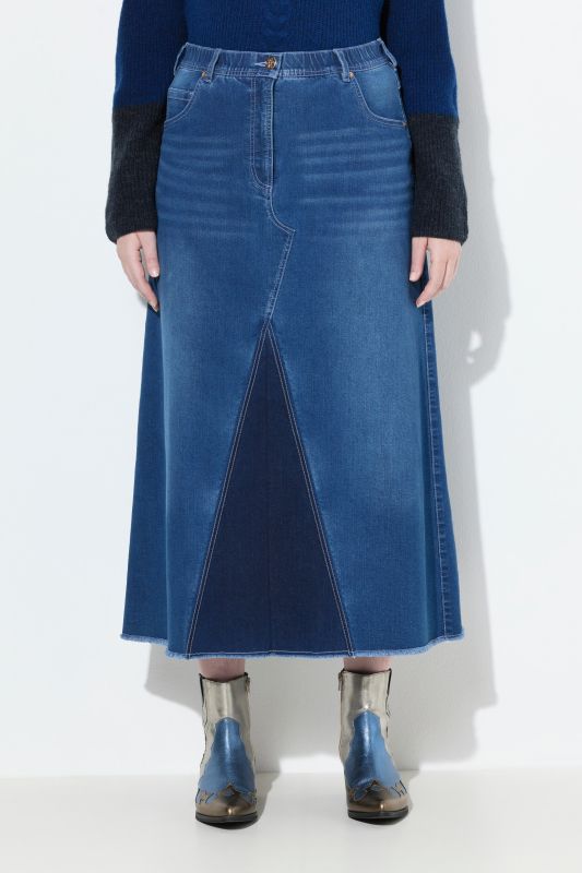 Jupe en jean, denim stretch et ourlet frangé, coupe évasée