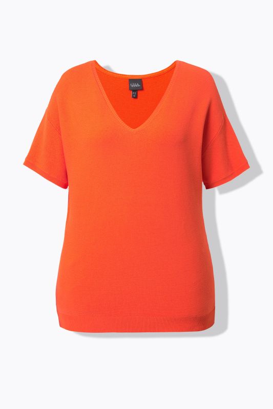 Pull côtelé, col en V et manches courtes