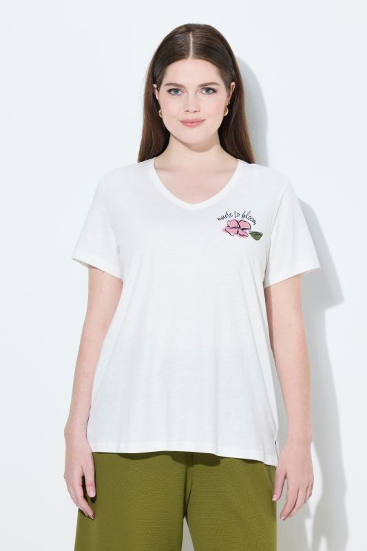 T-shirt en coton bio, motif floral, décolleté en V et manches courtes