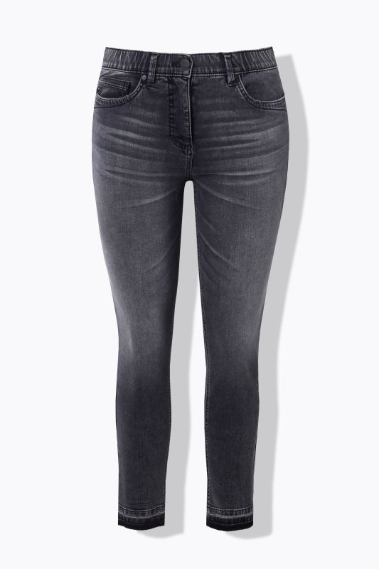 Jean Sarah à taille élastique, jambe étroite avec ourlet frangé