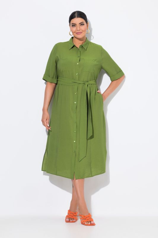 Robe midi à manches courtes et col chemise, coupe évasée