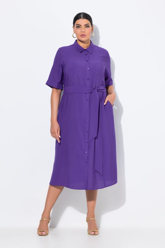 Robe midi à manches courtes et col chemise, coupe évasée