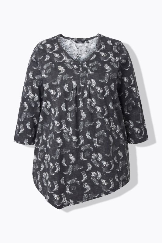 T-shirt à fleurs, plis fantaisie, décolleté en V et manches 3/4, coupe évasée