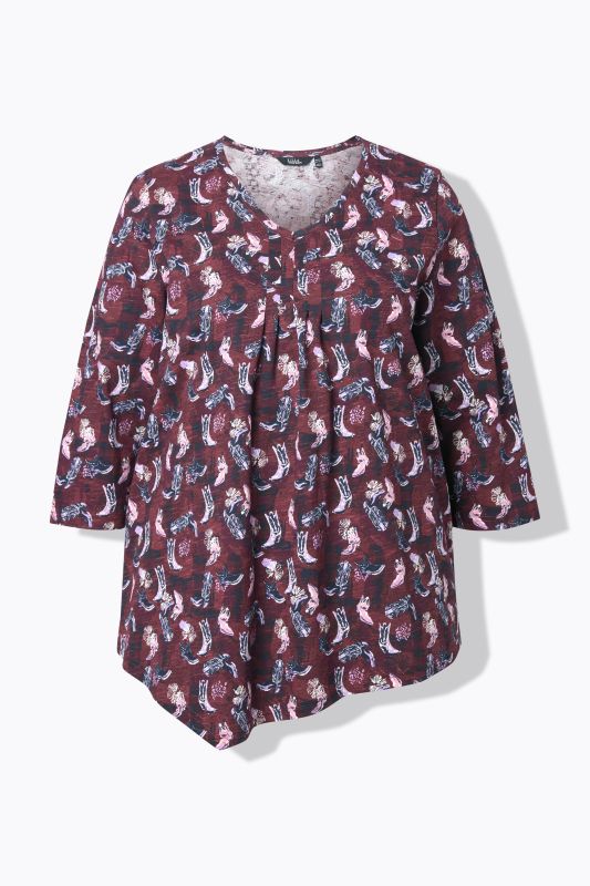 T-shirt à fleurs, plis fantaisie, décolleté en V et manches 3/4, coupe évasée