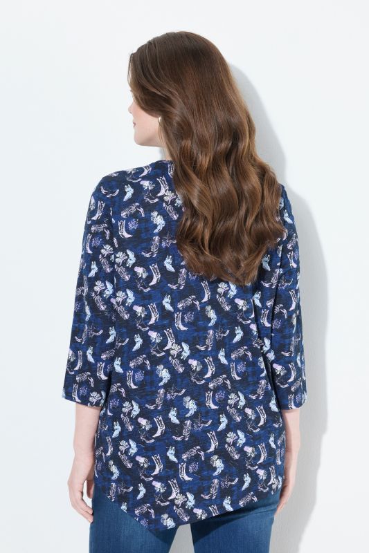 T-shirt à fleurs, plis fantaisie, décolleté en V et manches 3/4, coupe évasée